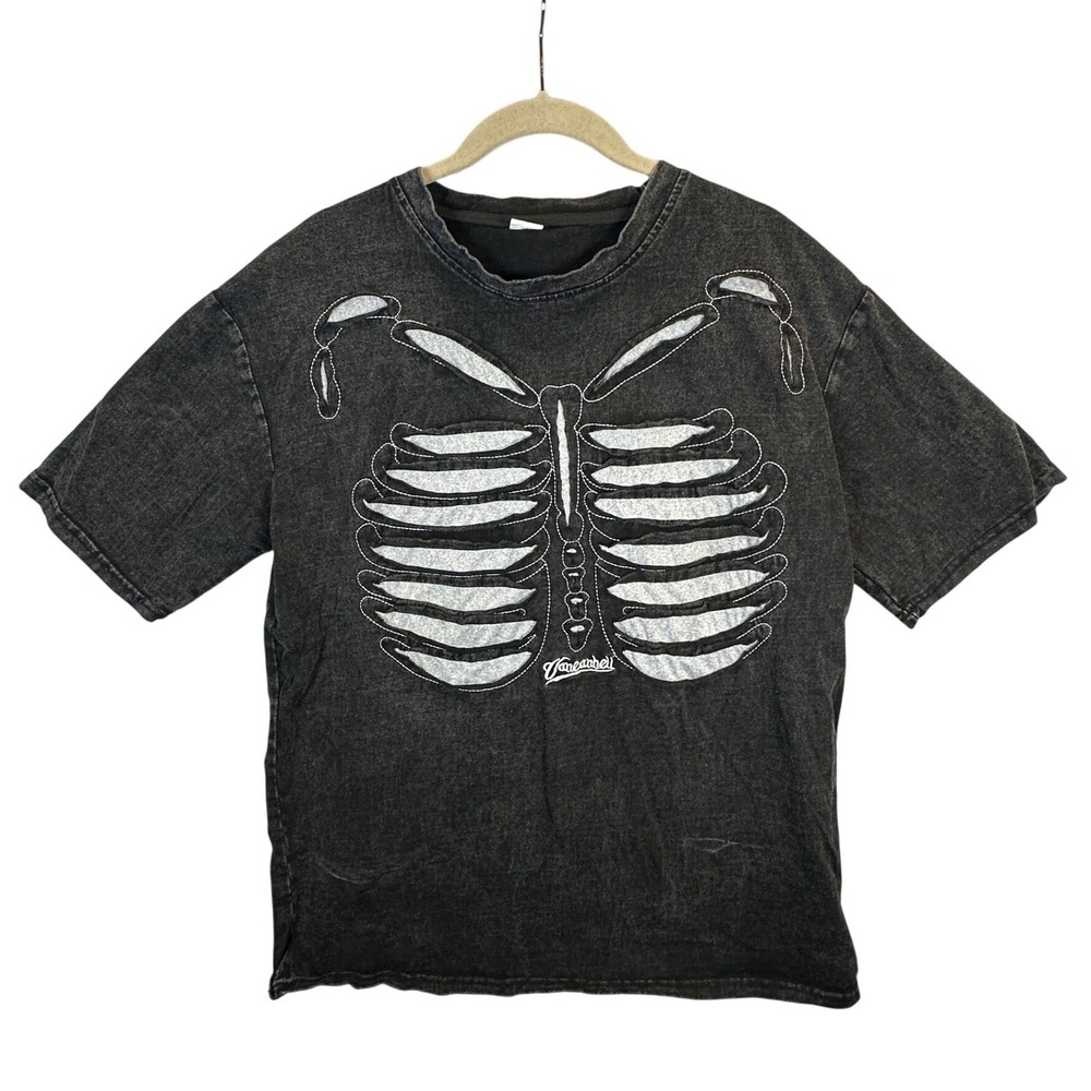 Vancarhell Skeleton Graphic Tee Acid Wash Black Distressed T-Shirt Goth